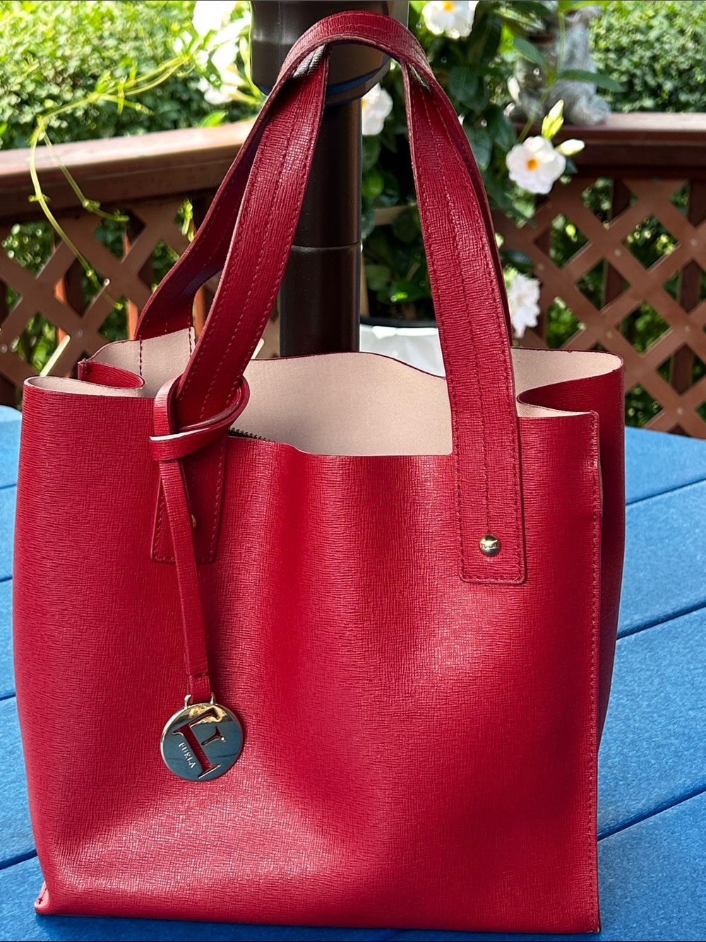 Furla Red Saffiano Leather Tote with Logo Charm Made in Belgium